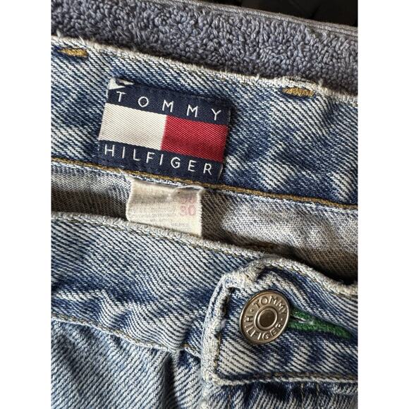 Vintage 90s Tommy Hilfiger Blue Jeans Mens Baggy 36 x 30 Flag Logo Spellout - Picture 3 of 8